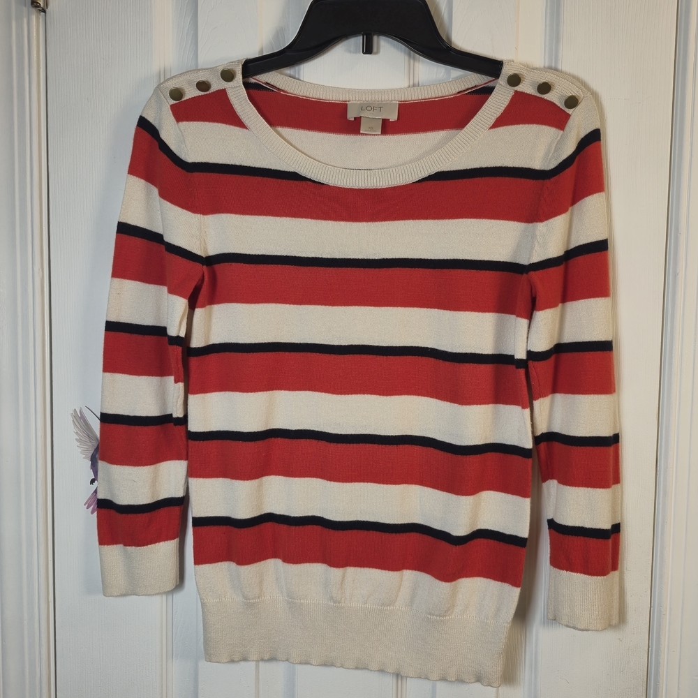 LOFT Striped Sailor Red White & Blue Sporty Preppy Sweater XS 100% Cotton